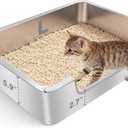 Low Entry Litter Box for Senior or Disabled & Injured Cats, Stainless Steel High Sided Enclosed Easy Step in Entry-Metal Kitty Litter Box for Kittens, Odor Control (19.7x13.8x5.9)