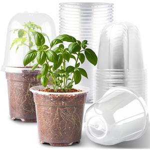 RooTrimmer 6 Inch Clear Nursery Pots with Humidity Dome, 15 Pack Durable Seed Starting Pot with Drainage Holes, Transparent Plastic Plant Seedling Pots for Indoor Gardening Plants