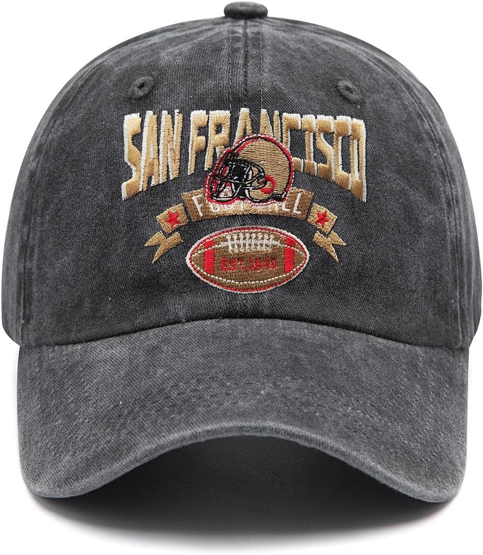 Embroidered City Vintage Washed Denim Football Hats for Men Women, Unisex Adjustable Cotton Fans Baseball Cap (For San Francisco)