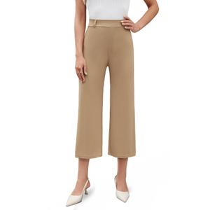 Agenlulu Dress Pants for Women Capri Wide Leg High Waisted Pants Stretchy Business Casual Office Work Slacks 23" Khaki Pull On, Size: XXL