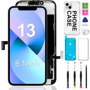 for iPhone 13 Screen Replacement 6.1 inch, 3D Touch LCD Screen Display Digitizer Frame Assembly Repair Kit with Phone Case+Waterproof Seal+Repair Tools - Model A2482, A2631, A2633, A2634, A2635