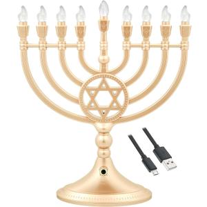 The Dreidel Company Traditional LED Electric Gold Hanukkah Menorah - Large Size 13-Inches Tall Battery or USB Powered - Includes a Micro USB Charging Cable