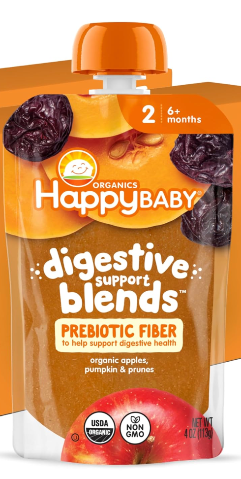 5 x Happy Baby Digestive Support Blends, Organic Stage 2 Baby Food with Prebiotic Fiber, Apple, Pumpkin & Prune, 4 Ounce Pouch BBD:07-19-27