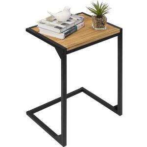MyGift 24 Inch Tall Rustic Burnt Natural Wood C Shaped End Table with Industrial Matte Black Metal Frame, Slide Under Couch TV Tray for Food Coffee Laptop