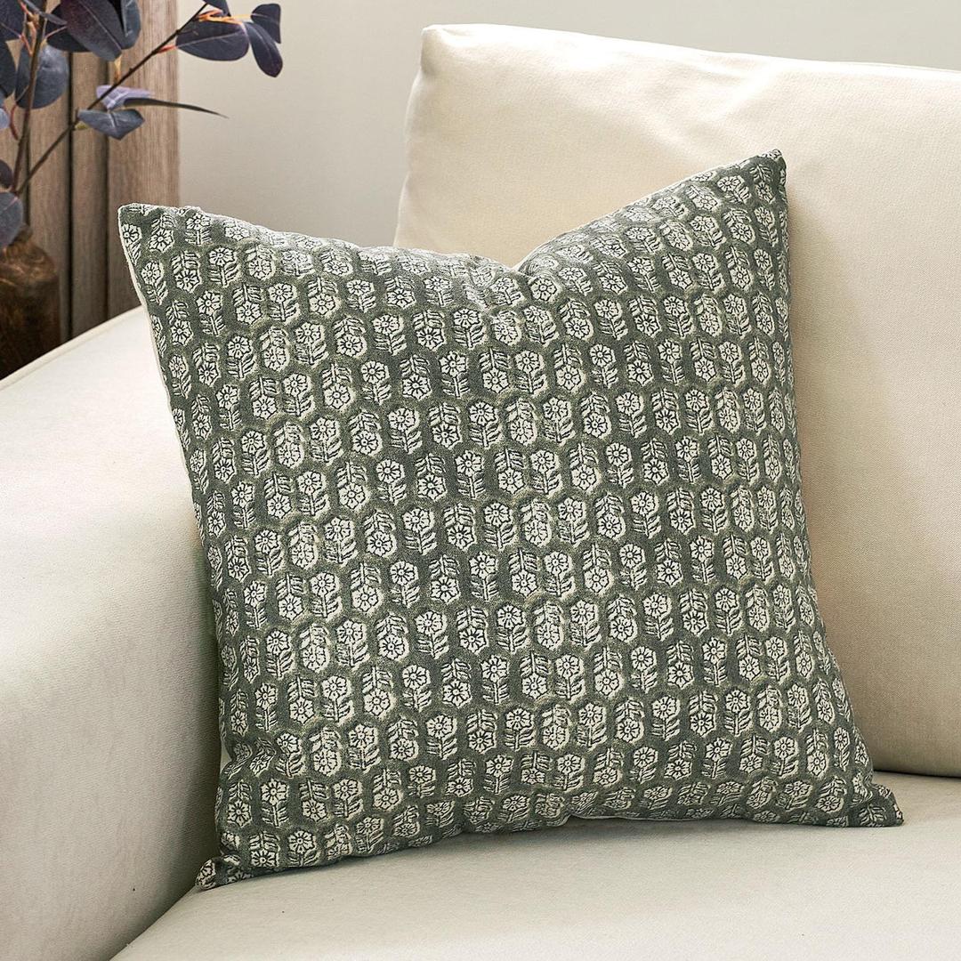 DOMVITUS Floral Pillow Covers, 18x18 Pillow Cover, Couch Pillows for Living Room, Decorative Farmhouse Accent Print Throw Pillow Covers, 1PC, Mineral Green