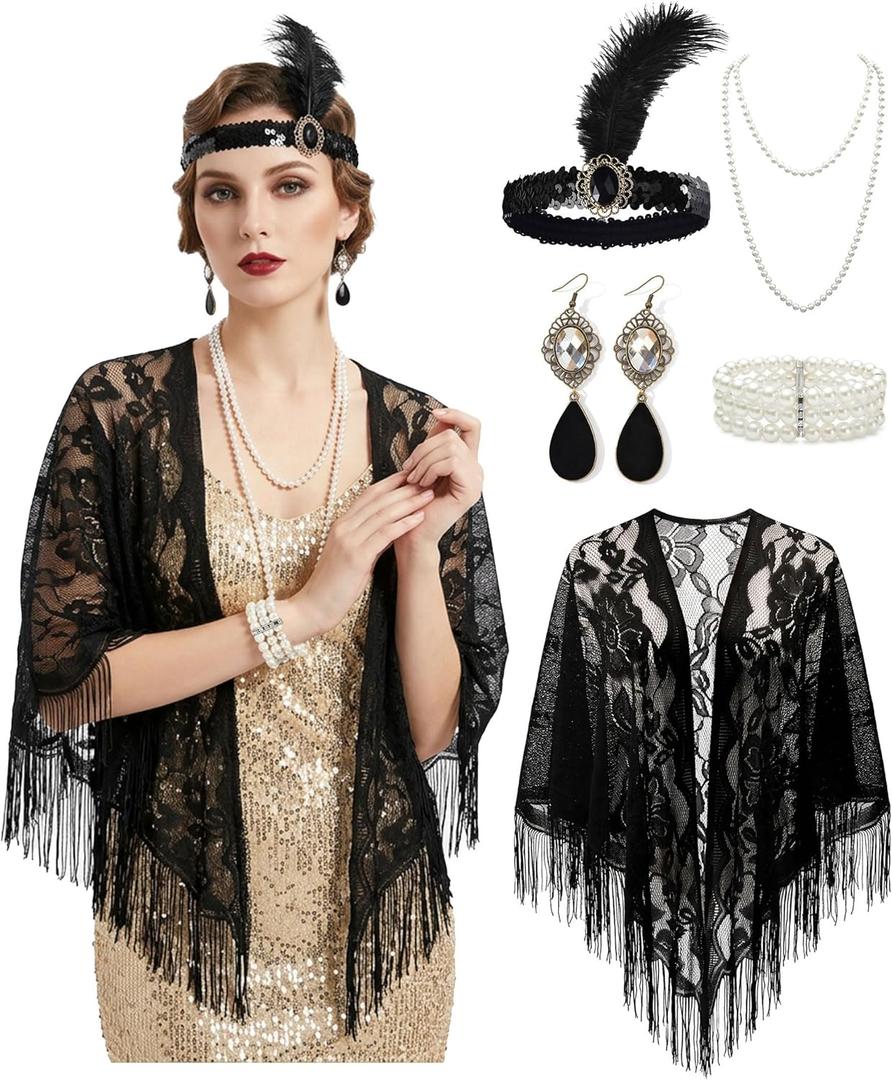 5Pcs 1920s Flapper Accessories Set for Women, Roaring 20's Gatsby Party Costume Set (Black)