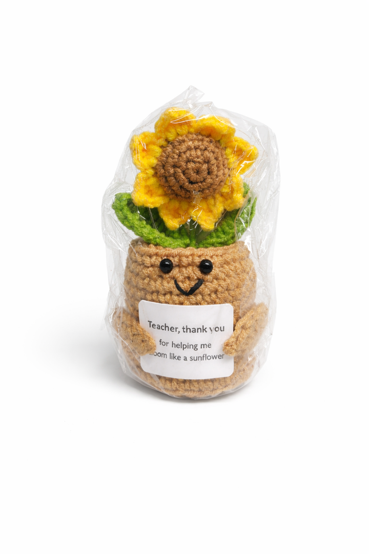 Teacher Appreciation Gift Cute Handmade Crochet Sunflower Mini Plant Knitted Doll with Card Funny Knitting Best Teacher Gifts Stuff for Women Men Birthday Thank You Present School Home Room Decor,
