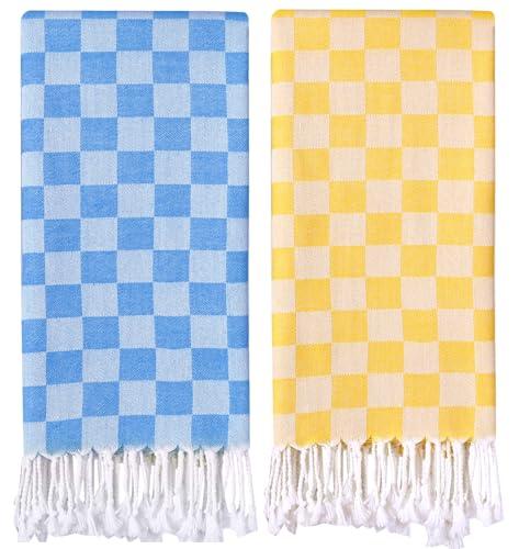2 Packs Cotton Turkish Beach Towels Quick Dry Sand Free Oversized Pool Swim Plaid Towel Extra Large Xl Big Blanket Travel Essentials Cruise Accessories Must Haves Clearance Vacation Stuff Yellow Blue