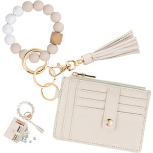 KNGITRYI Wallet Keychain Wristlet for Women, Slim RFID Credit Card Holder Purse Tassel Keychain Bangle Key Ring for Men Women (Beige)