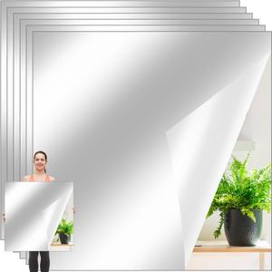 Queekay 6 Pcs Home Gym Mirrors 24'' x 24'' Acrylic Wall Mirror Tiles Sheets 2mm Thick Self Adhesive Frameless Wall Mounted Decor for Workout Bedroom Ceiling