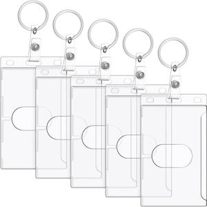 Marspark 5 Pack Keychain Card Holder Plastic Heavy Duty Badge Holder Vertical Clear ID Card Holder with Keyring, Rigid Fuel Card Protector with Thumb Slot Secure Credit Card Protector Case