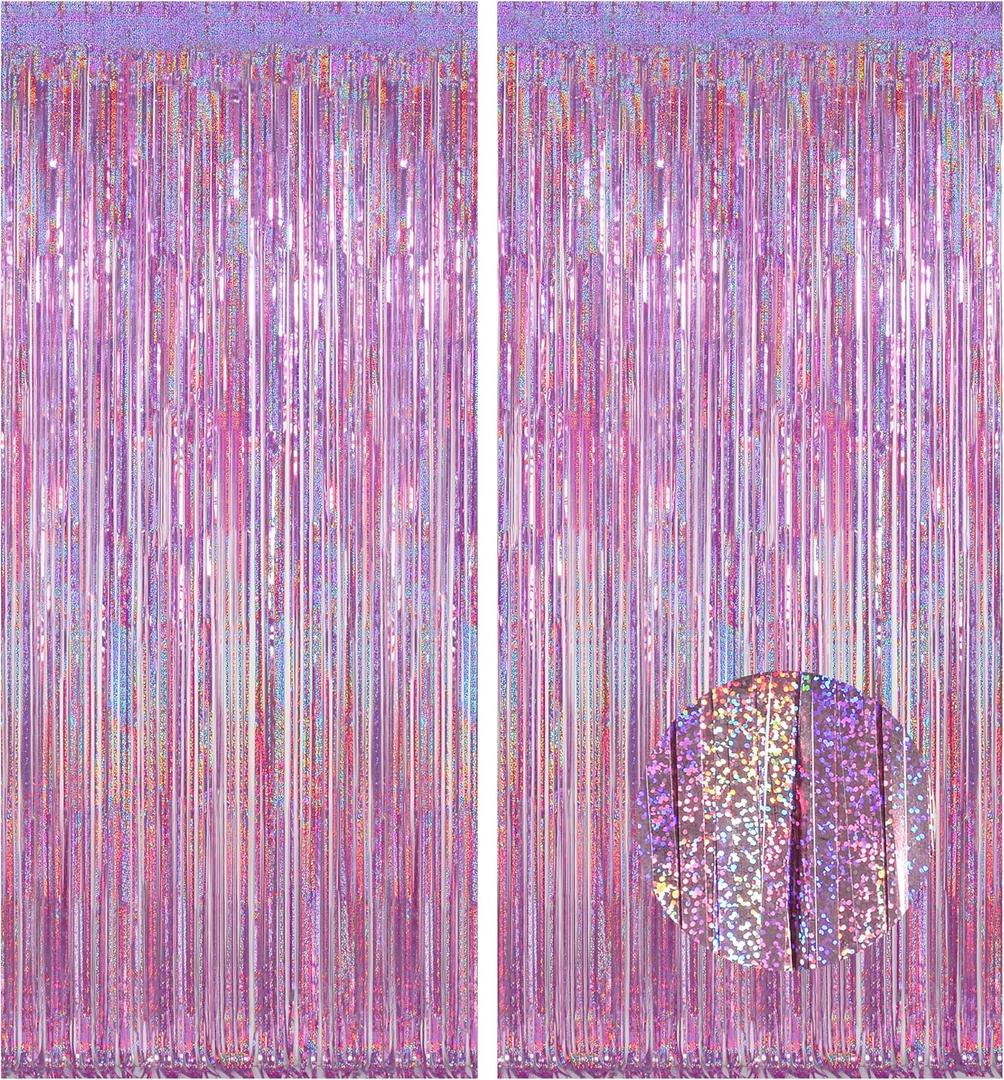 Melsan 2 Pack 3.2 ft x 8.2 ft Tinsel Foil Fringe Curtains Backdrop, Sparkle Metallic Foil Curtains for Party Photo Booth Props Decoration, Pinkish Purple