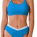 AI'MAGE Women's High Cut Bikini Set 2 Piece Sporty Swimsuit Color Block Bathing Suit with Trim M, Blue