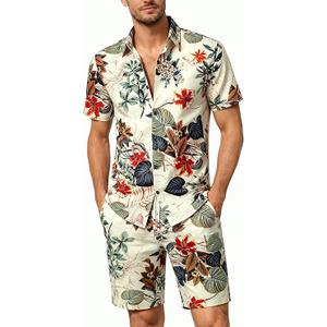 JOGAL Men's Flower Casual Button Down Short Sleeve Hawaiian Shirt Suits, L
