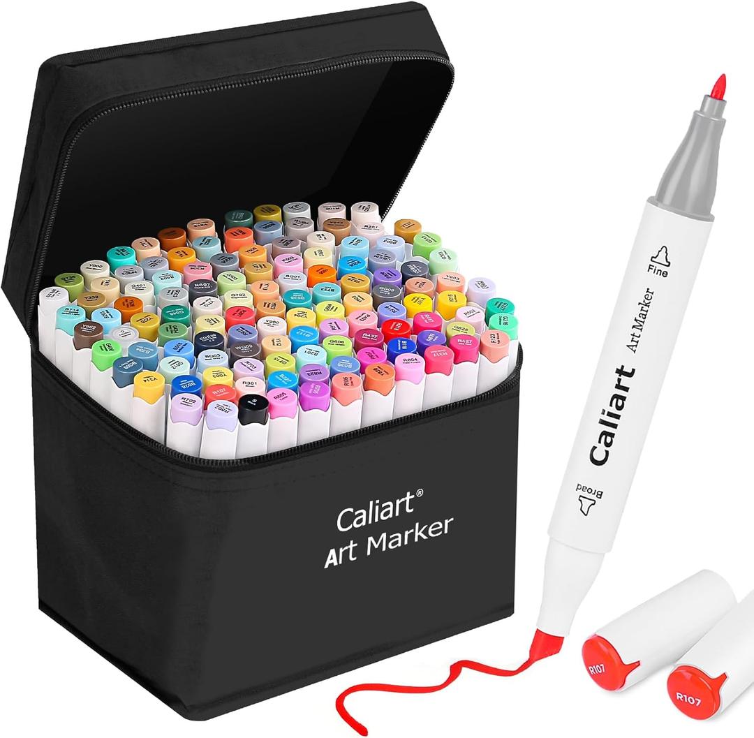 Caliart 121 Colors Artist Alcohol Based Markers Dual Tip Art Permanent Twin Sketch Markers Pens with Case for Adult Kids Coloring Drawing Sketching Card Making Illustration (Assorted)