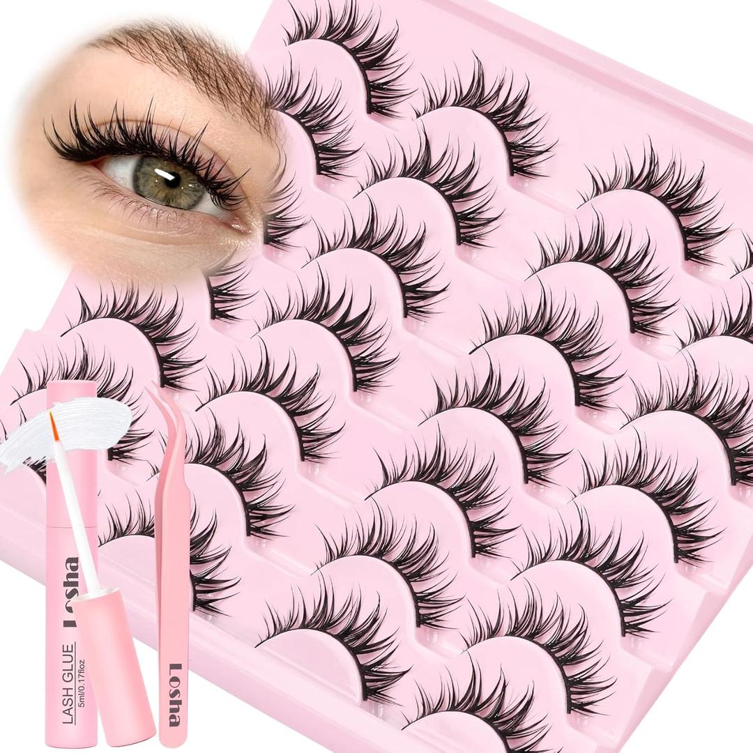 Losha Lashes Spiky Manga Lashes 14 Pairs Anime False Eyelashes Asian Eye Lashes Kit with Lash Glue and Lash Tweezers Soft Fake Eyelashes that Look Like Lash Extensions (Cutey)