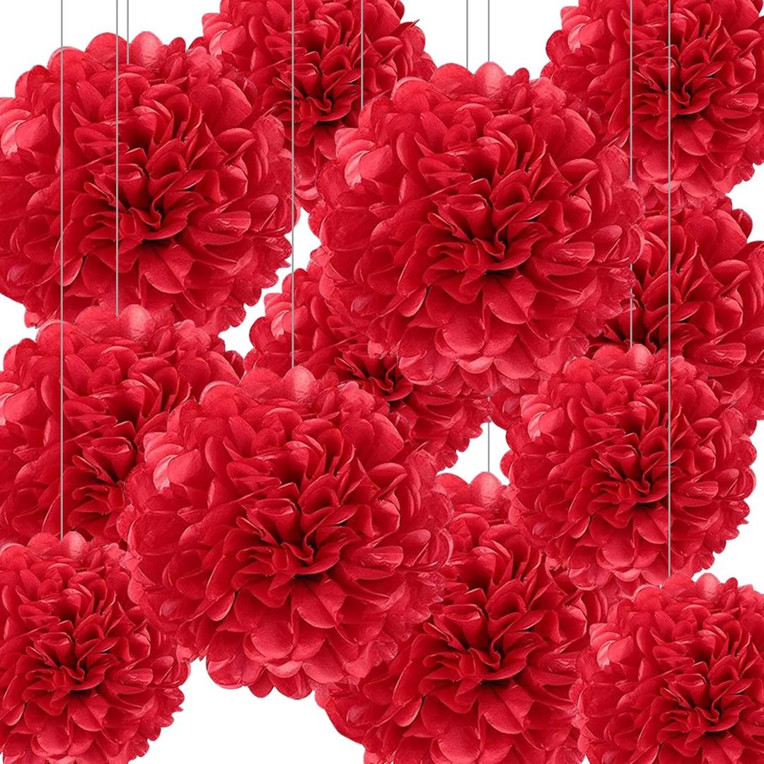 12Pcs Red Hanging Tissue Paper Pom Poms, Pompoms Flowers for Ceiling Party Decorations
