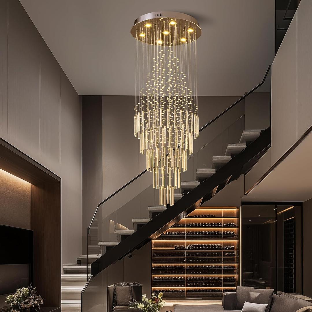 Modern Crystal Staircase Chandelier, Foyer Chandeliers for High Ceilings Entryway Hallway Entrance Living Room, Foyer Lighting Fixtures, D23.6 x H59