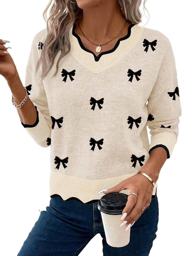 Womens V Neck Pullover Sweaters Long Sleeve Scallop Trim Knit Tops Loosed Fit 2026 Fall Outfits