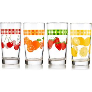 Libbey Vintage Juice Drinking Glasses Set of 4, Colorful, Retro Fruit Design Glass Cups Set, Dishwasher Safe Water Glasses Set for Everyday Beverages