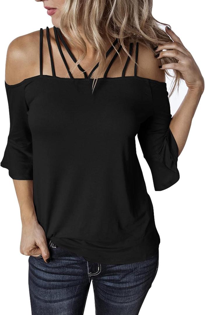 Womens Spaghetti Straps Cold Shoulder Shirts Casual Half Sleeve Tops (Large, Black)