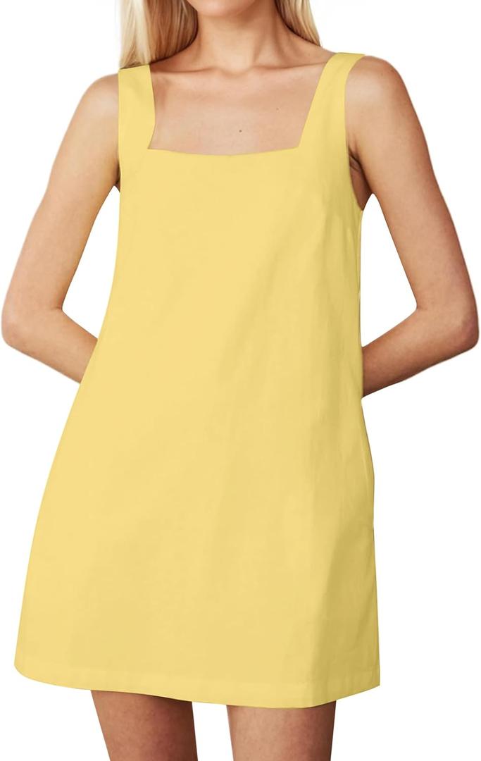 Summer Linen Mini Dress for Women Sleeveless Square Neck Tank Shift Dresses Causal Backless Solid Short Sundress (Medium, Yellow)