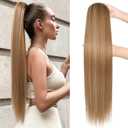 SEIKEA 28" Drawstring Ponytail Extensions Long Straight Fake Pony Tail Natural Soft Clip in Hair Extension Synthetic Heat Resistant Hairpiece - Light Brown with Blonde Highlights