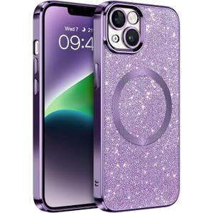 DOMAVER for iPhone 14 Case with Magnetic [Compatible with MagSafe] Luxury Clear Glitter Bling Shockproof Protective Cover Full Camera Lens Protector Women Girls- Purple