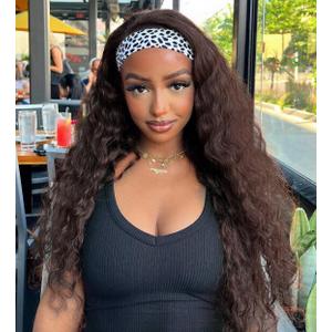 Curly Headband Wig for Women, 20 Inch Wear and Go Glueless Wigs Deep Wave Wig Half Wig As Human Hair with 1 Headband, 180% Density Synthetic Wigs None Lace Front (Brown wig)