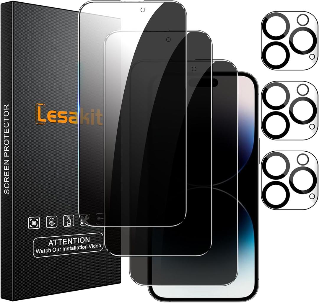Lesakit 3+3 Pack Privacy Screen Protector for iPhone 14 Pro 6.1-Inch with 3 Pack Camera Lens Protector, Anti Spy Tempered Glass Film 9H Hardness Bubble Free Case Friendly