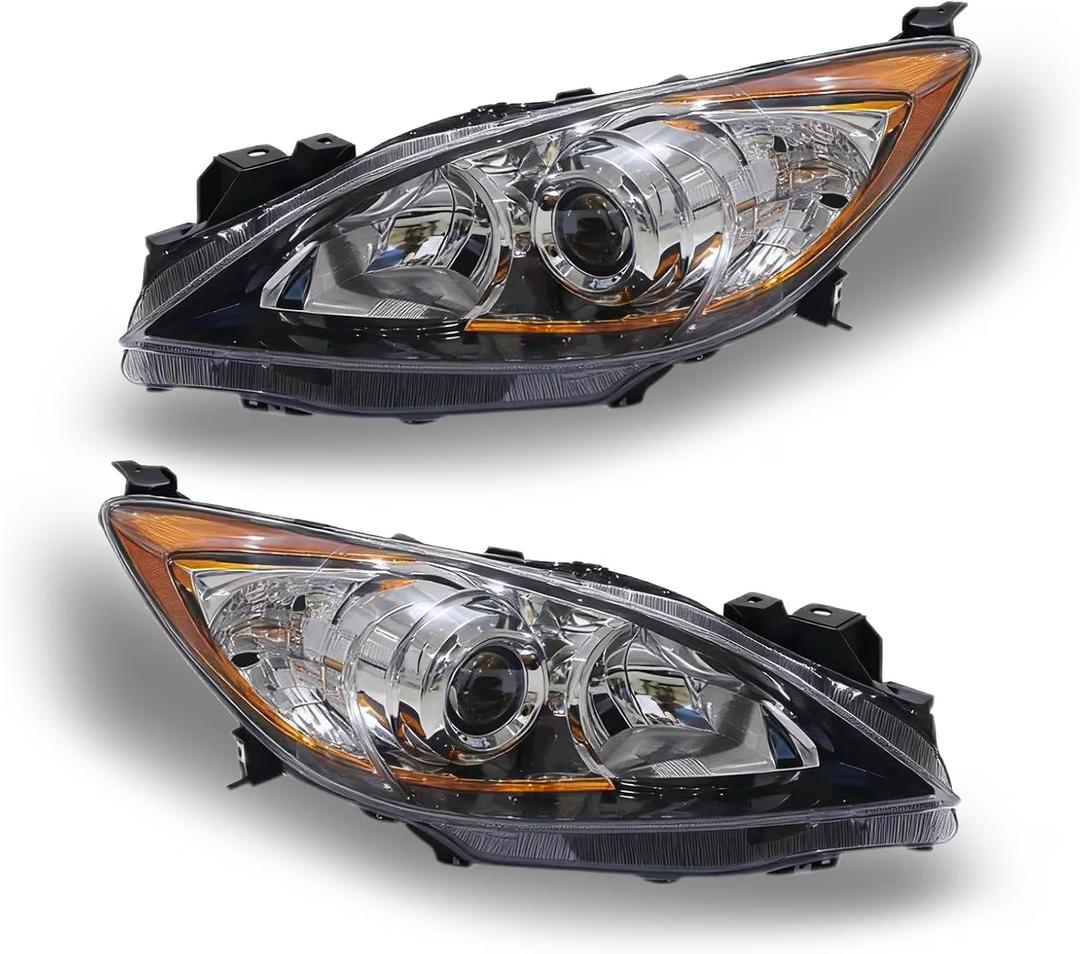 OLEKE Headlight Assembly Pair with Bulbs for 2010-2013 Mazda 3 4-Door Sedan, Chrome Housing, Waterproof Driver and Passenger Side Replacement Headlamps