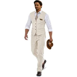 Furuyal Men Suit Casual Wedding Suits Linen Suits for Men 2 Piece Suits Groomsmen Tuxedos Summer Beach Prom Vest and Pants Set Beige-XL