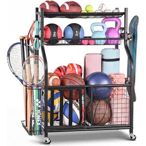 PLKOW Sports Equipment Storage for Garage, Indoor/Outdoor Sports Rack for Garage, Ball Storage Garage Organizer with Basket and Hooks,Toy/Sports Gear Storage