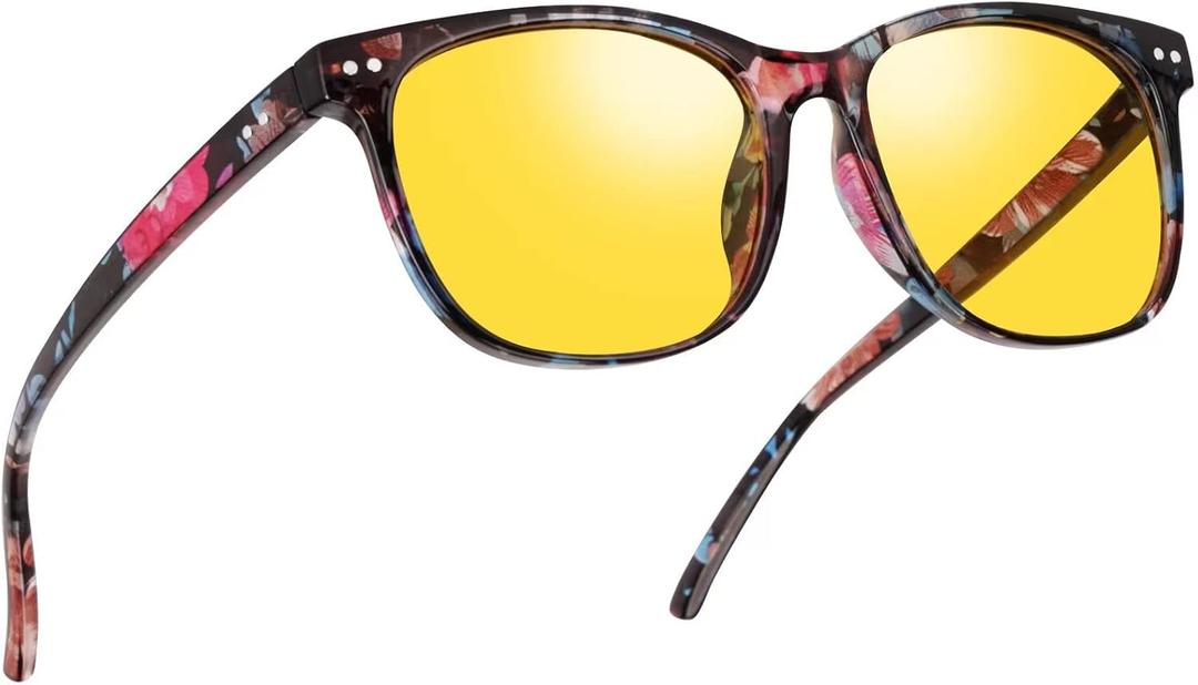10 x Night Vision Driving Glasses Polarized Anti-glare, HD Yellow Tinted Glasses for Women Men (A07 Flower/Yellow)