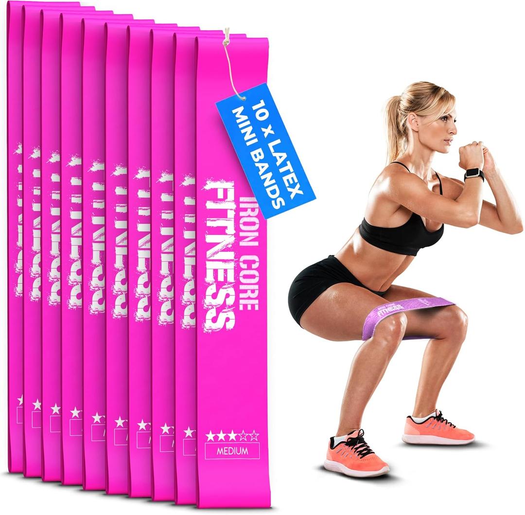 Latex Mini Resistance Bands Sets for Trainers, Bootcamp, Gym for Men and Women in Fun Colors - Ebook, Videos and Workout Chart Included by Iron Core Fitness (#4 Electric Rose, 10 x Medium)