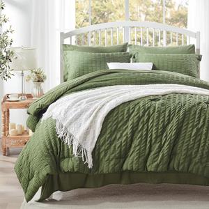 Zzlpp Queen Comforter Set 7 Pieces, Olive Green Seersucker Bed in a Bag with Comforter and Sheets, All Season Bedding Sets with 1 Comforter, 2 Pillow Shams, 2 Pillowcases, 1 Flat Sheet (01 - Olive Green)