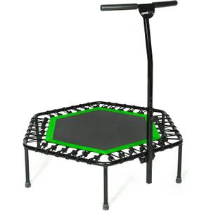 SportPlus+ Indoor Trampoline, Blue/Green/Red, Rebounder Home Fitness Trampoline with Height Adjustable Bar
