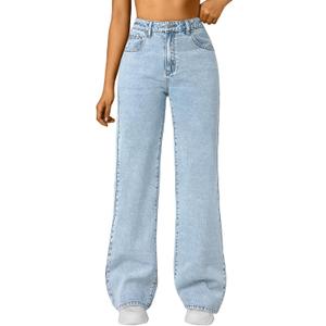 Trendy Queen Women's High Waisted Straight Wide Leg Jeans, Comfort Stretch Baggy Denim Pants 16