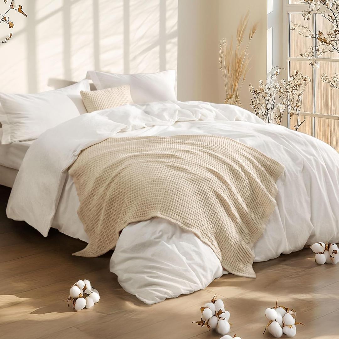 Bedsure 5 Pieces Cotton Comforter Set with Waffle Throw Blanket - Soft Breathable Bedding Set for All Seasons, White Queen Comforter, Pillow Shams, Beige 100% Cotton Blanket, Throw Pillow, Queen 