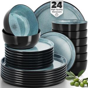 24 Piece Dinnerware Sets for 8 - Modern Style Stoneware Dinnerware Set - Scratch Resistant, Dishwasher Safe Plates and Bowls Sets Ceramic, Dish Set, Bowl and Plate Set - Black and Petrol Blue