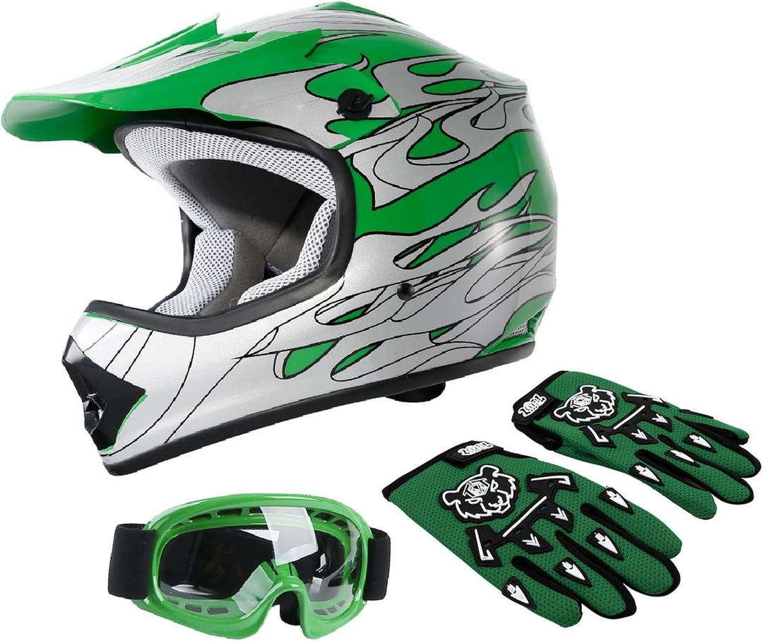 XFMT DOT Youth Kids Motocross Offroad Street Dirt Bike Helmet Youth Motorcycle ATV Helmet with Goggles Gloves Green Flame XL
