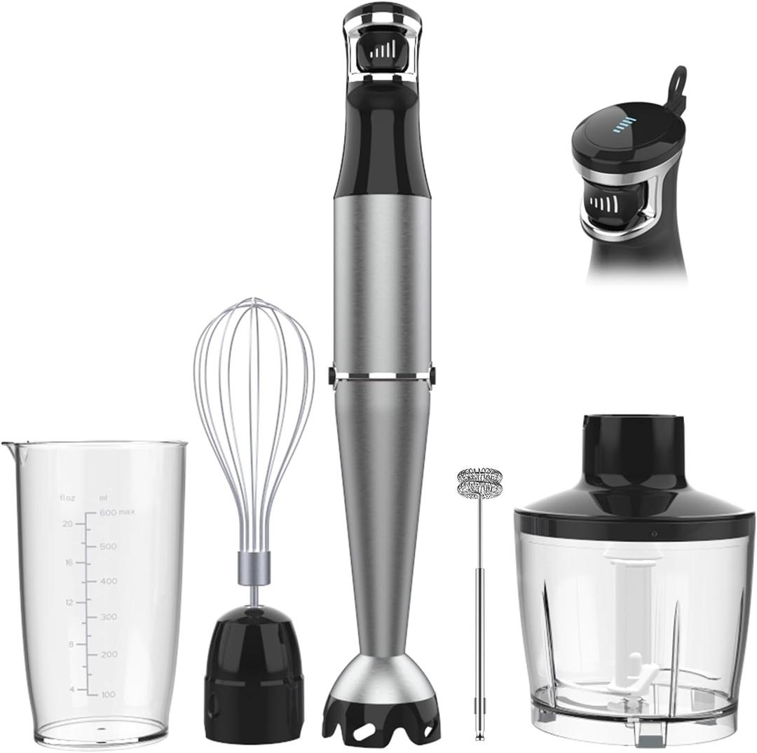 Immersion Blender Handheld Corded Hand Blenders Set 1100W, Trigger Variable Speed 5 in 1 Stick Emulsifier with Chopper, Whisk and Frother for Soup, Baby Food and Smoothies (Silver)