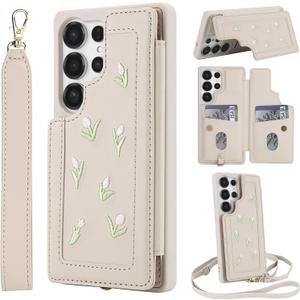 Wallet Case for Samsung Galaxy S25 Ultra, Magnetic Snap Flip Leather Cover with Flower Design Credit Card Holder Stand WristbandSamsung S25 Ultra Protective Phone Case for Women