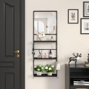 45" X 16" Black Wall Mirror with Shelf and Hooks, Round Mirror for Wall, 3 Trays and 12 Removable Hooks,for Living Room, Hallway, Bedroom (Black-Round)