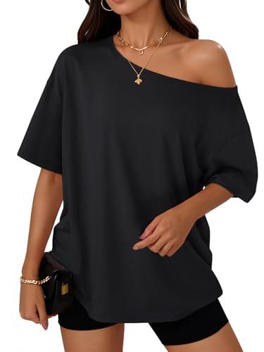 Trendy Queen Womens Off the Shoulder Tops Oversized T-Shirts Short Sleeve Tees Summer 2026 Casual Spring Clothes Workout Gym Y2k Cute Going Out Plus Size Fashion Clothing Black L