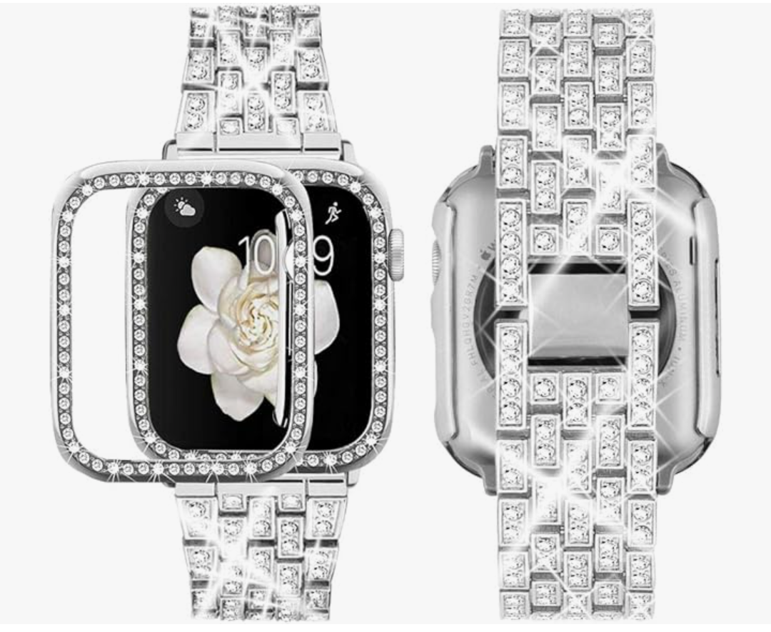 Supoix Compatible with Apple Watch Band  Case, Women Jewelry Bling Diamond Rhinestone Replacement Metal Bands & 2 Pack PC Protector Case 