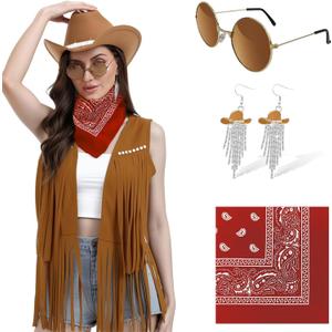 FunMular Western Outfit for Women Cowgirl Outfit Costume Accessories Cowboy Hat Fringe Vest Earring Bandana for Halloween (X-Large, Khaki)