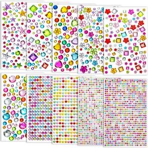 Lezmarket Gems Stickers for Kids Crafts, 10 Sheets Self-Adhesive Jewels, Bling Gemstone Stickers for Makeup & DIY, Multi Colors, Shapes, Sizes