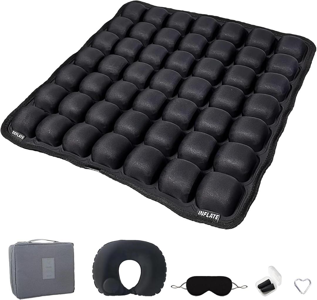 Inflatable Travel Airplane Seat Cushion, 49 3D Air Cells Soduuer Travel Cushion Set with Self-Inflating Press Button for Long Flights, Portable Seat Cushions for Car Office Kitchen Chairs Wheelchair