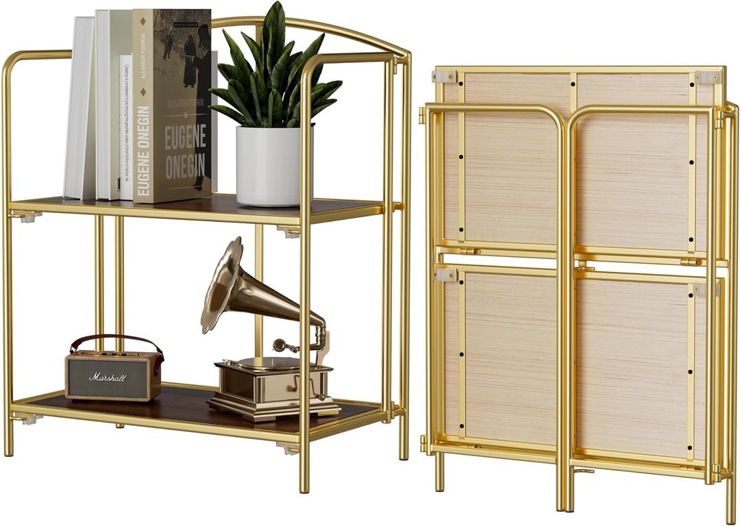 Crofy No Assembly Folding Bookshelf for Living Room, 2 Tier Gold Collapsible Book Shelf for Home Office, Portable Bookcase Storage Organizer